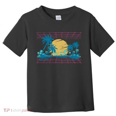 Sunset Palm Trees Beach 80s Art Vaporwave Tropical Summer Toddler T-Shirt