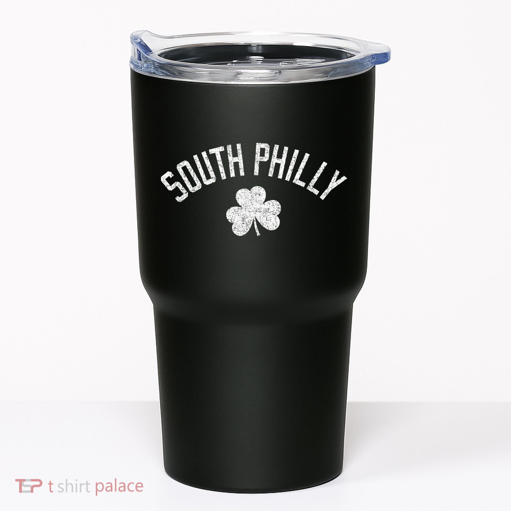 South Philly Text Irish Shamrock Distressed White Tumbler
