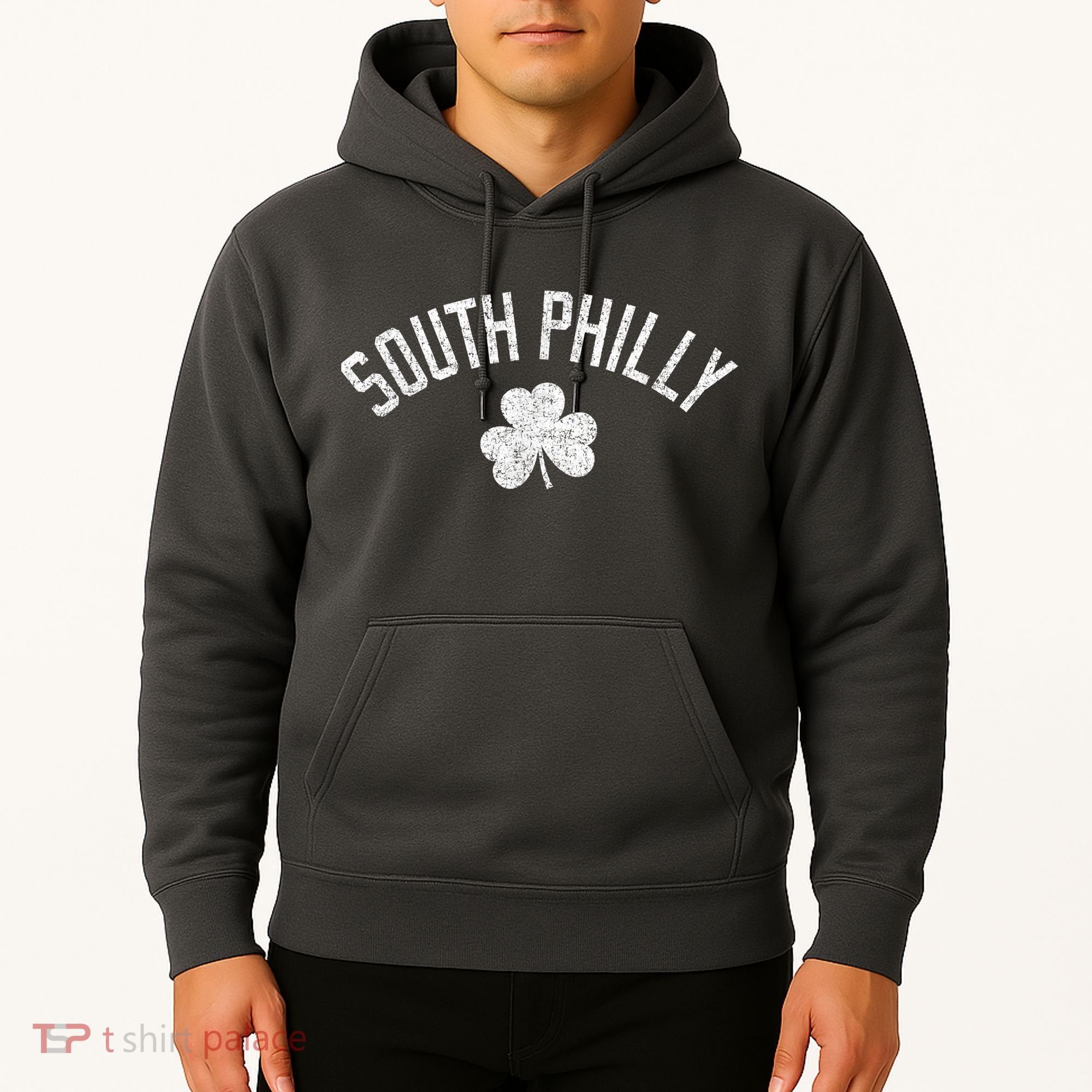 South Philly Text Irish Shamrock Distressed White Hoodie