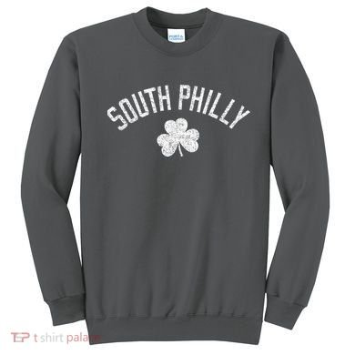 South Philly Text Irish Shamrock Distressed White Sweatshirt