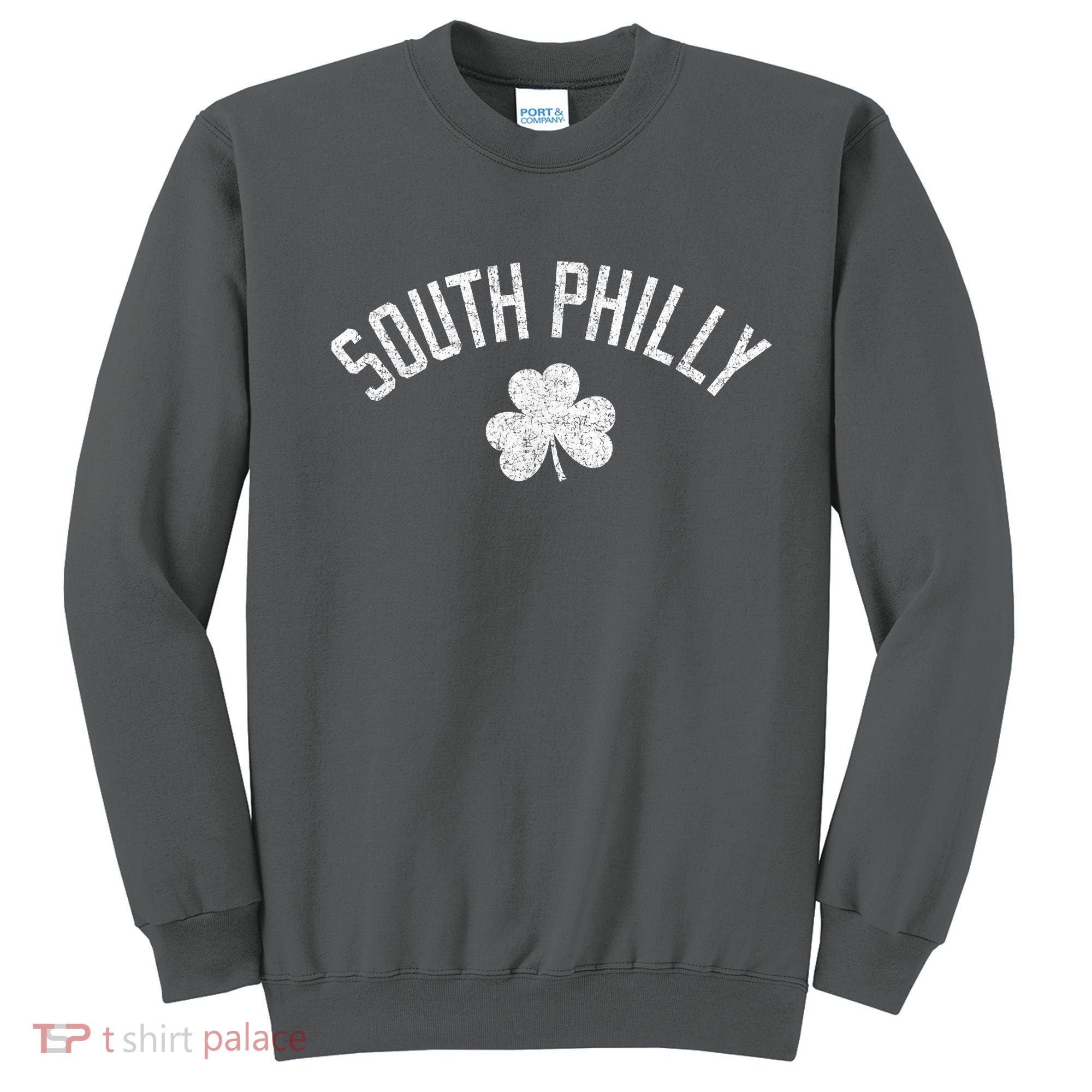 South Philly Text Irish Shamrock Distressed White Sweatshirt