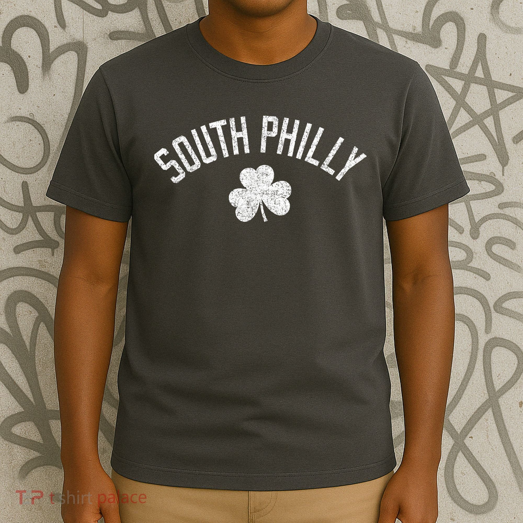 South Philly Text Irish Shamrock Distressed White T-Shirt