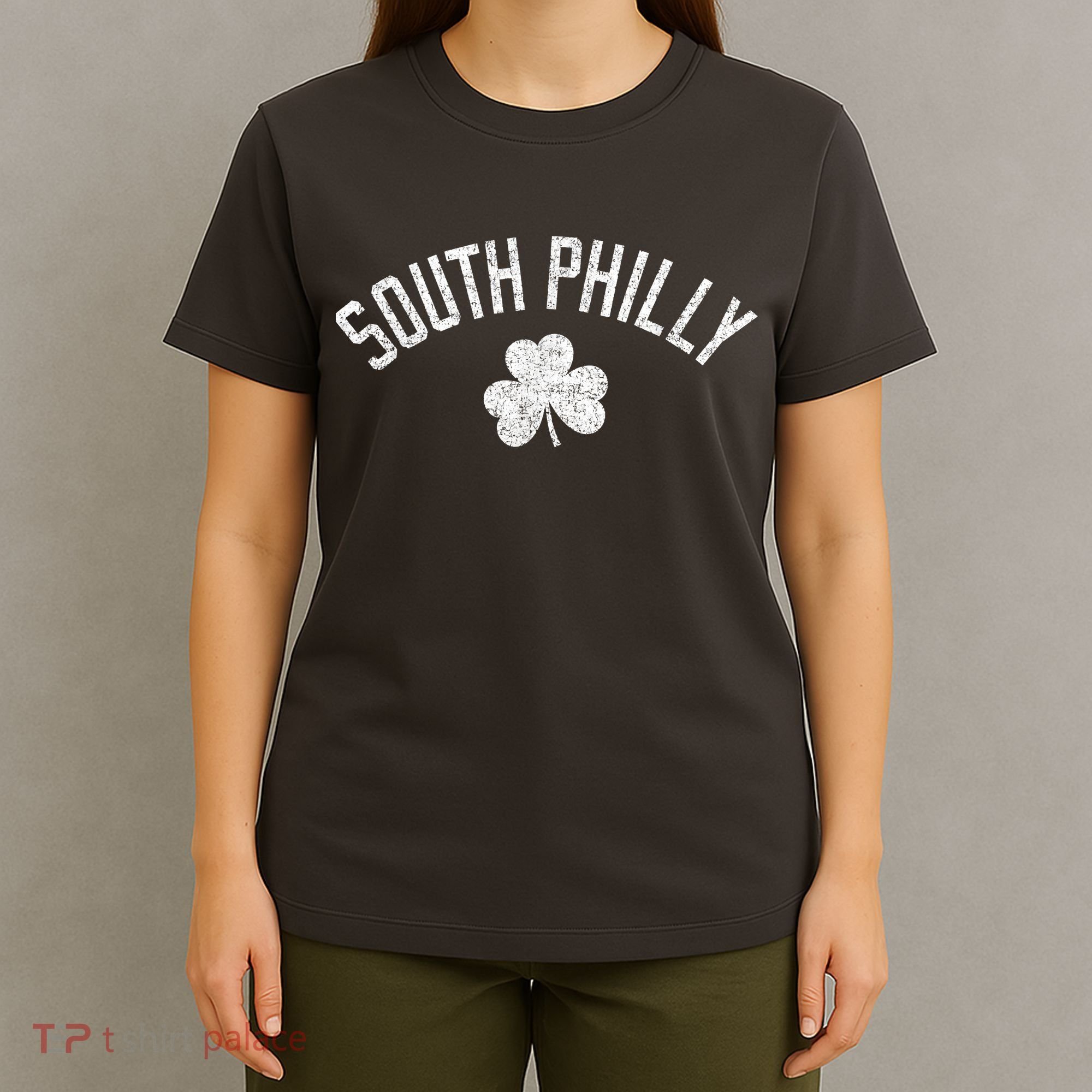 South Philly Text Irish Shamrock Distressed White T-Shirt