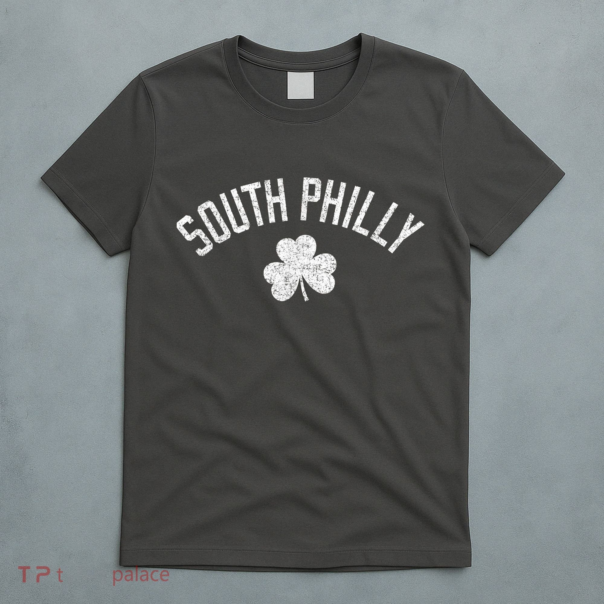 South Philly Text Irish Shamrock Distressed White T-Shirt