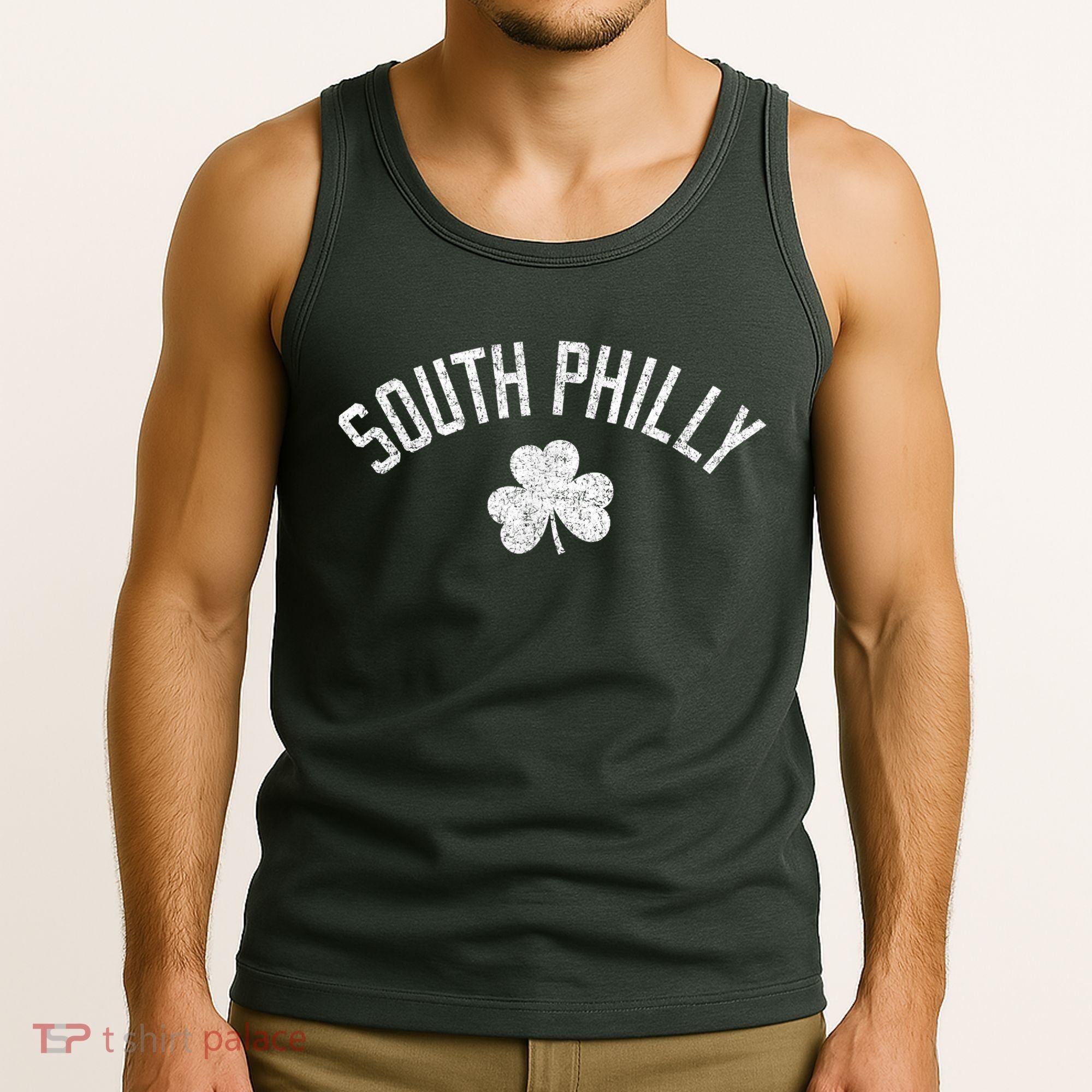 South Philly Text Irish Shamrock Distressed White Tank Top
