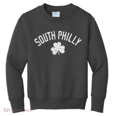 South Philly Text Irish Shamrock Distressed White Kids Sweatshirt
