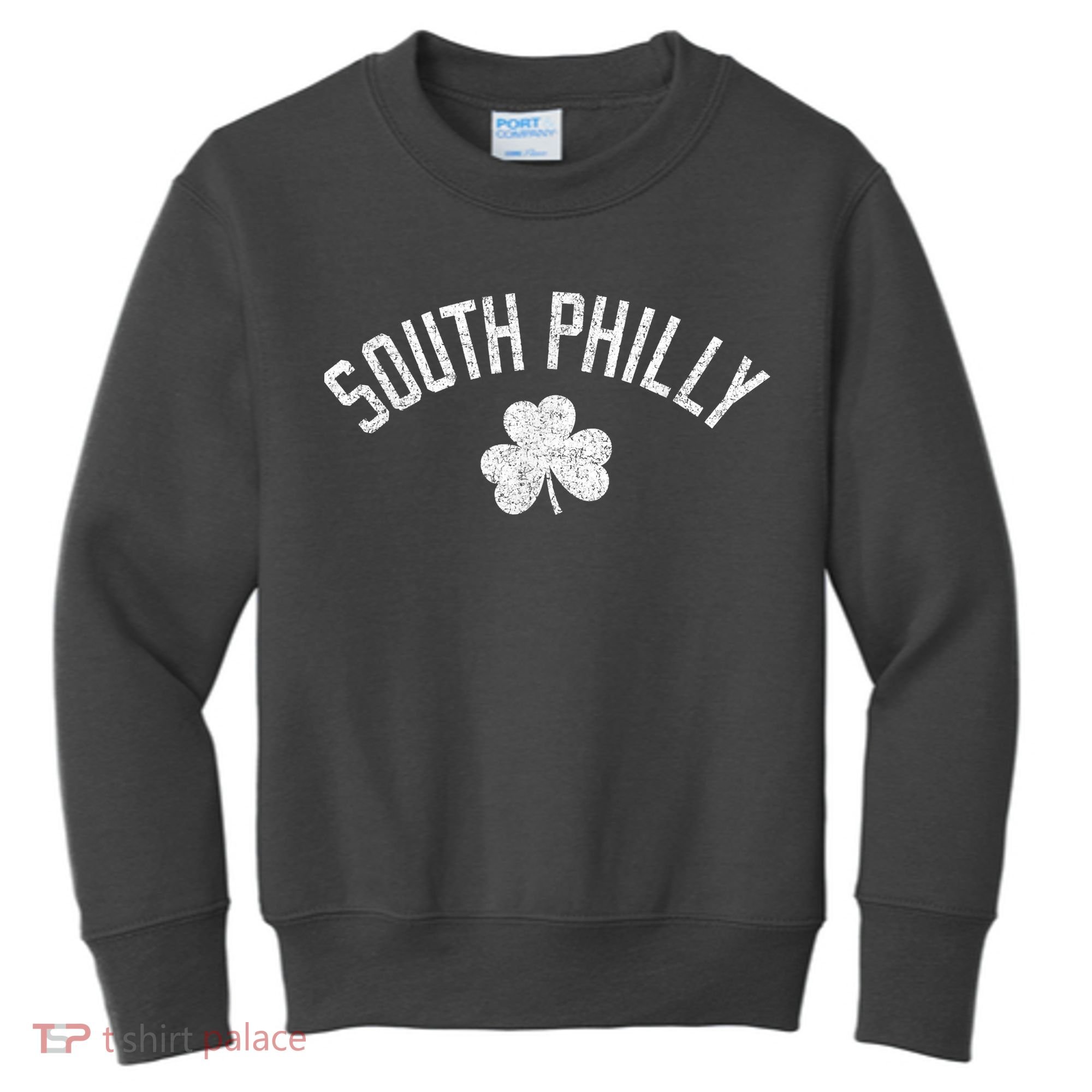 South Philly Text Irish Shamrock Distressed White Kids Sweatshirt