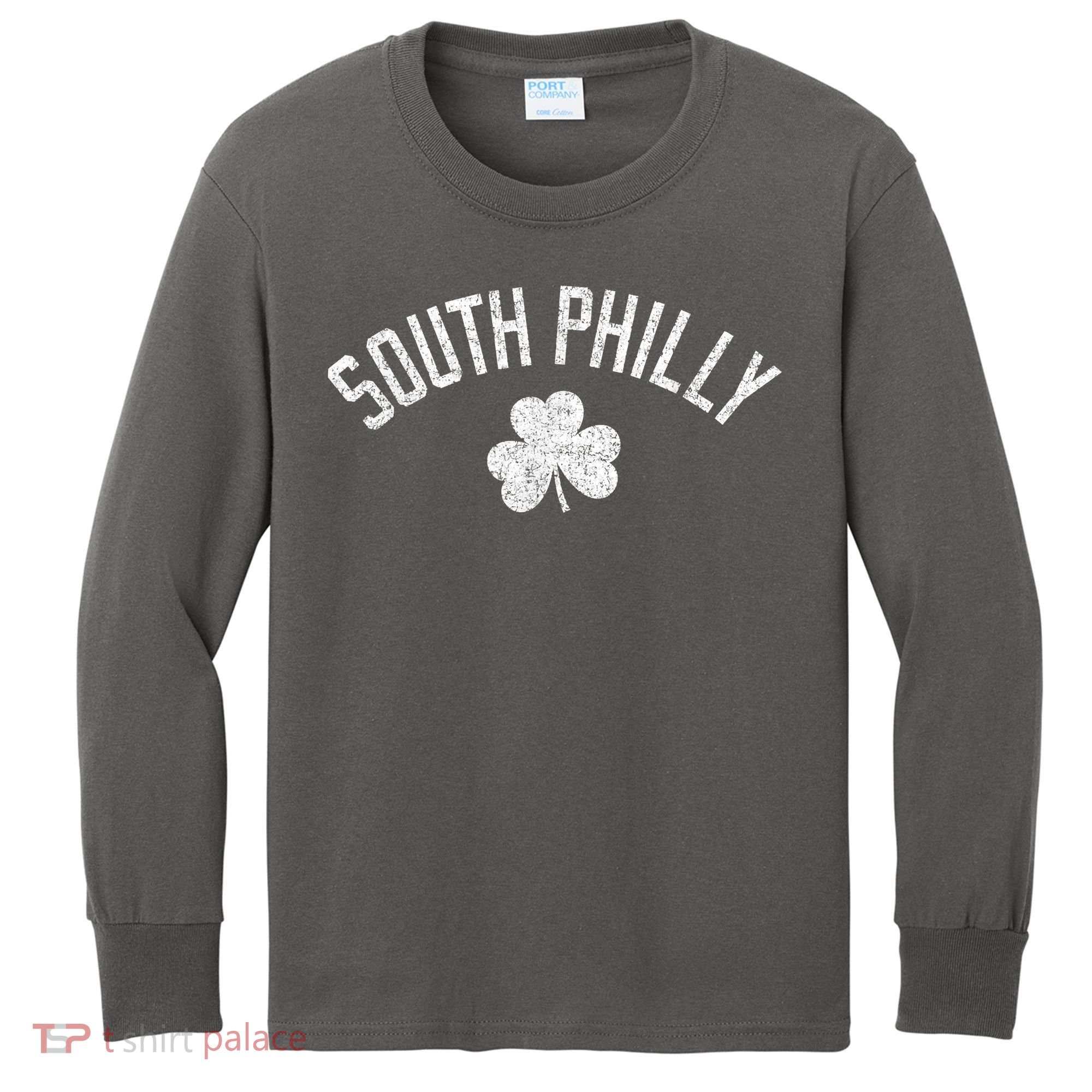 South Philly Text Irish Shamrock Distressed White Kids Long Sleeve Shirt