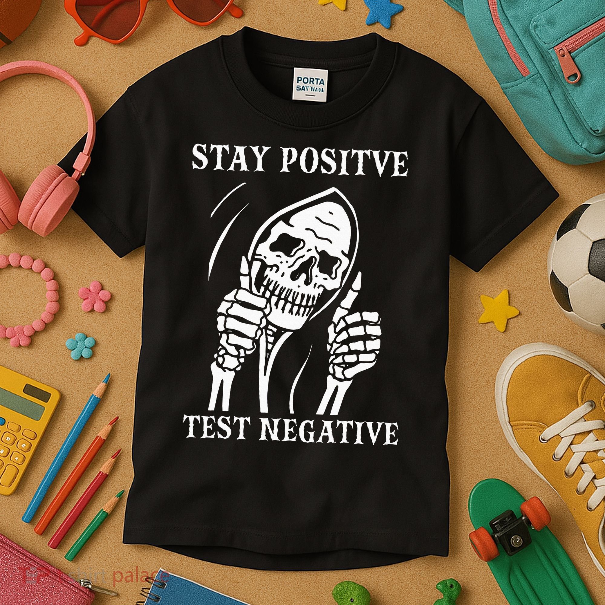 Stay Positive Test Negative Lazy Halloween Costume Skeleton Kids T-Shirt