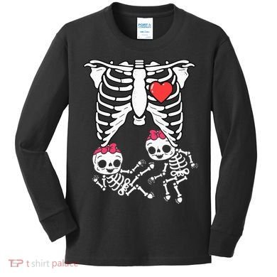 Skeleton Pregnancy Twins XRay Pregnant Halloween Kids Long Sleeve Shirt