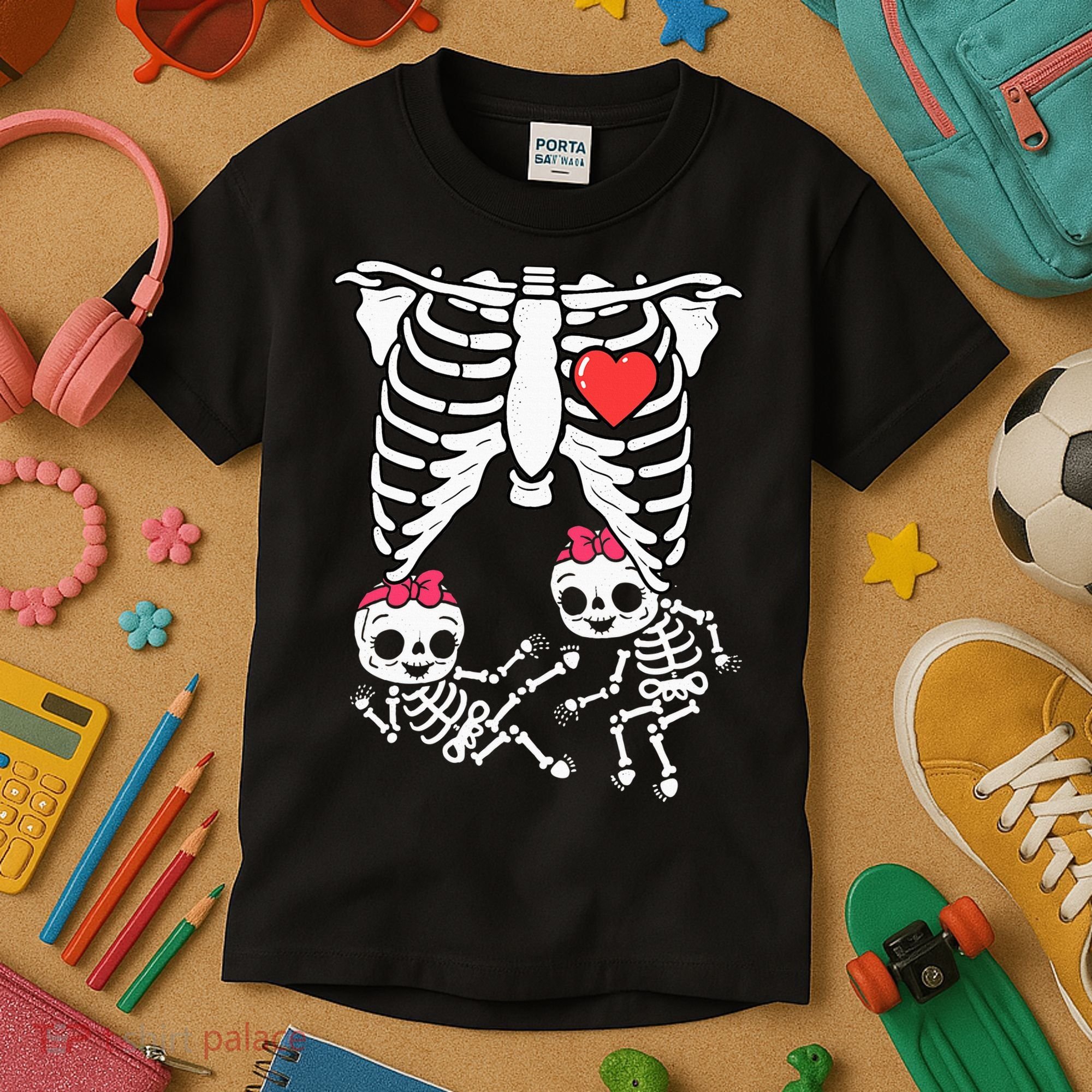 Skeleton Pregnancy Twins XRay Pregnant Halloween Kids T-Shirt