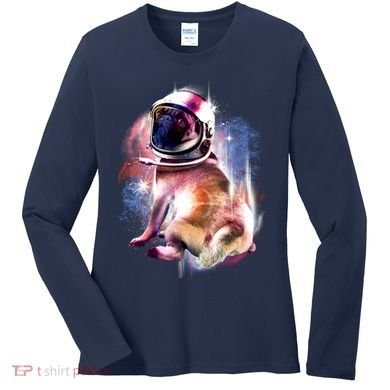 Space Pug Wearing Helmet Women's Long Sleeve Shirt