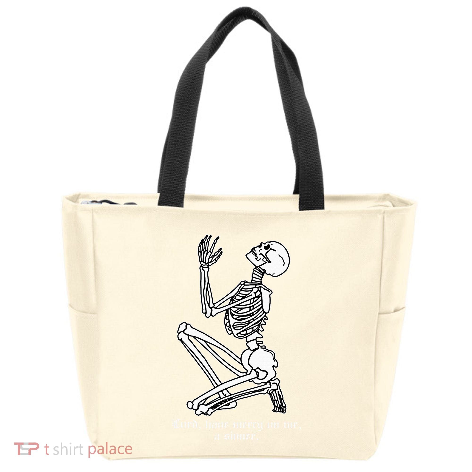 Skeleton Praying X Lord Have Mercy Sinner Gothic Blackwork Tote Bag