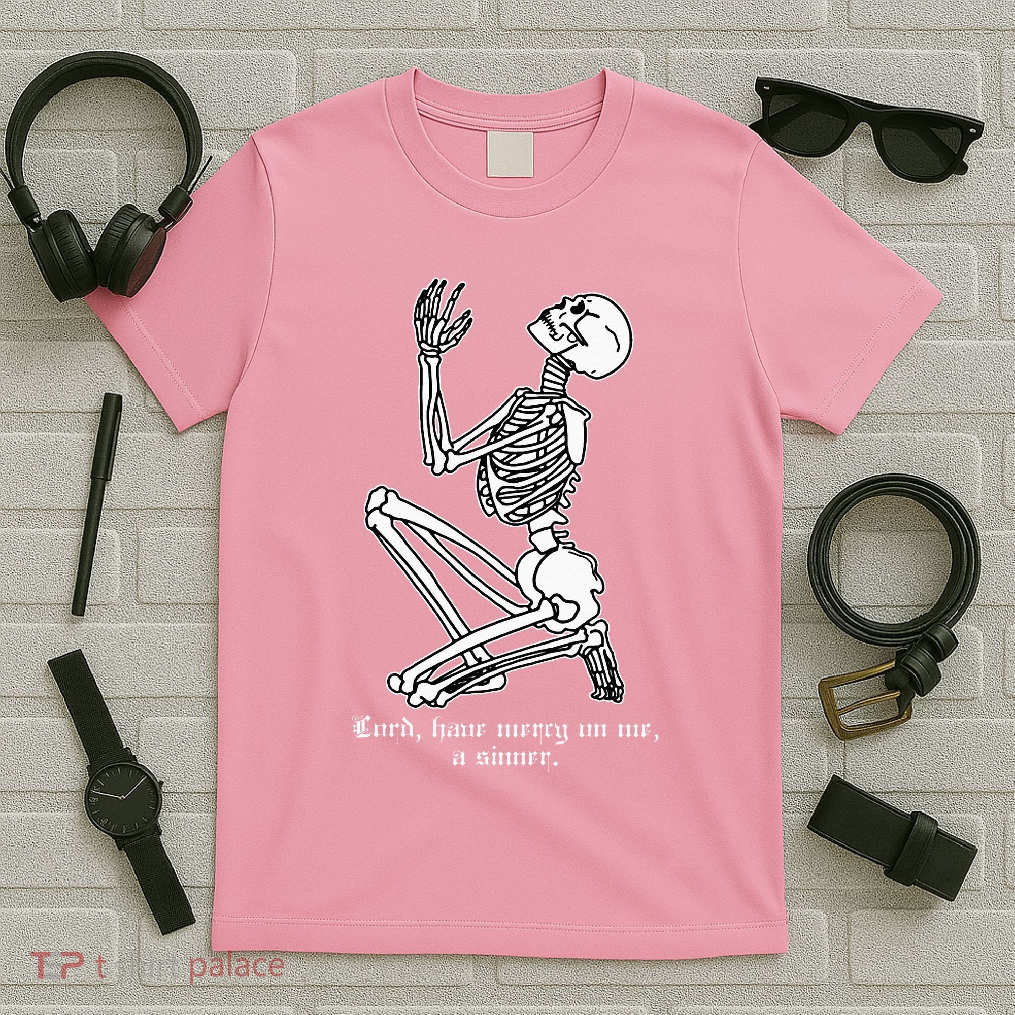 Skeleton Praying X Lord Have Mercy Sinner Gothic Blackwork T-Shirt