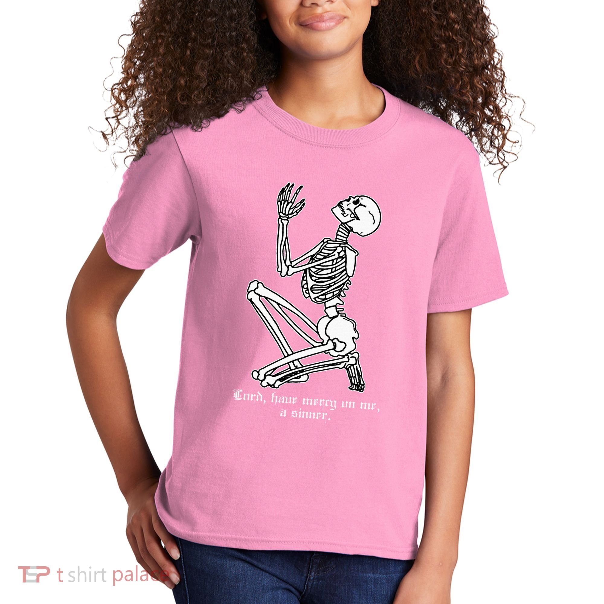 Skeleton Praying X Lord Have Mercy Sinner Gothic Blackwork Kids T-Shirt