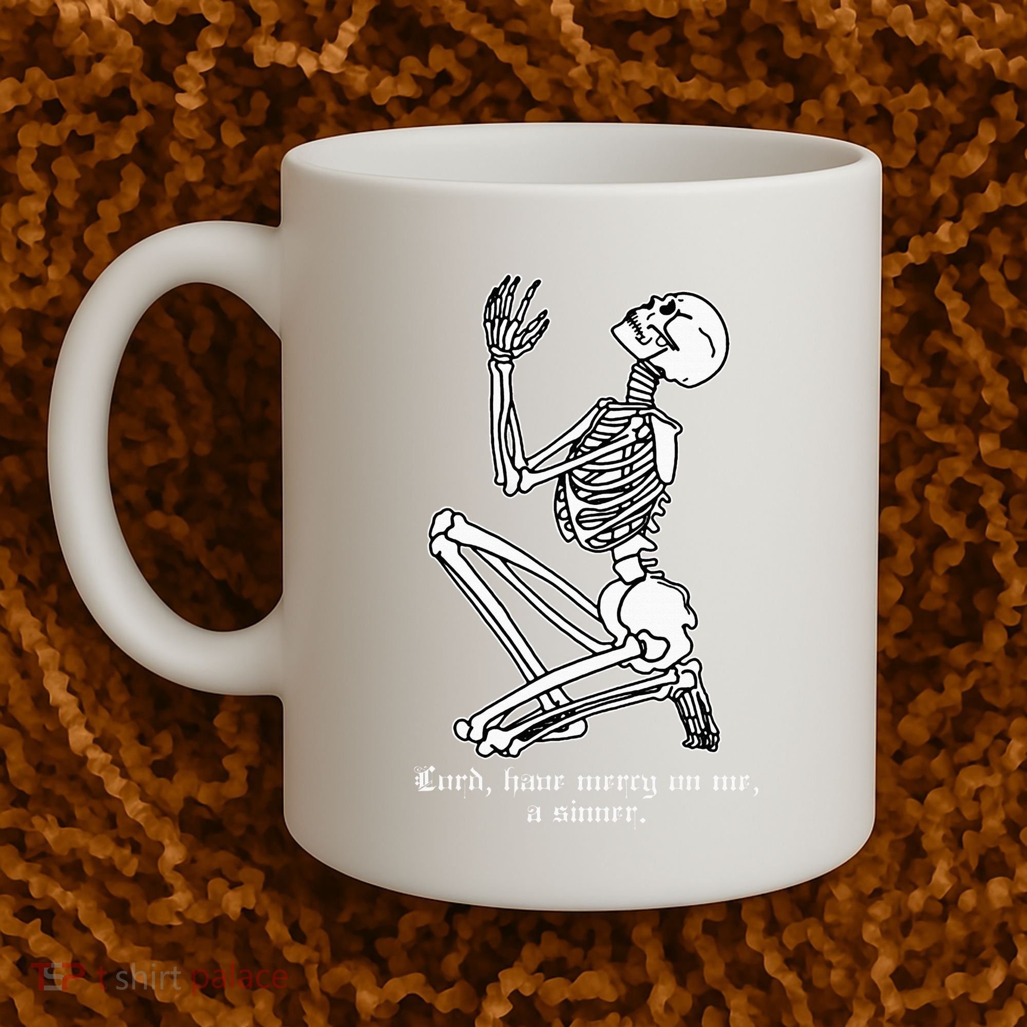 Skeleton Praying X Lord Have Mercy Sinner Gothic Blackwork Coffee Mug