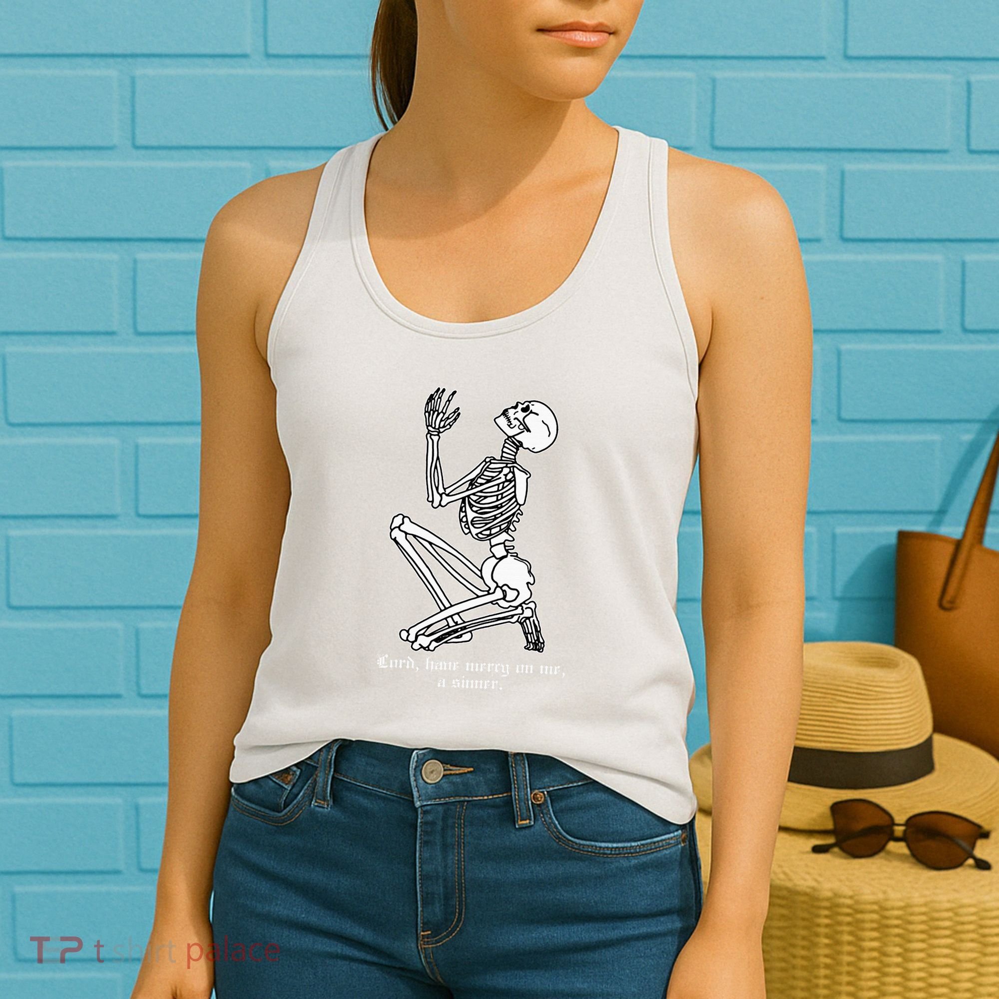 Skeleton Praying X Lord Have Mercy Sinner Gothic Blackwork Women's Tank Top
