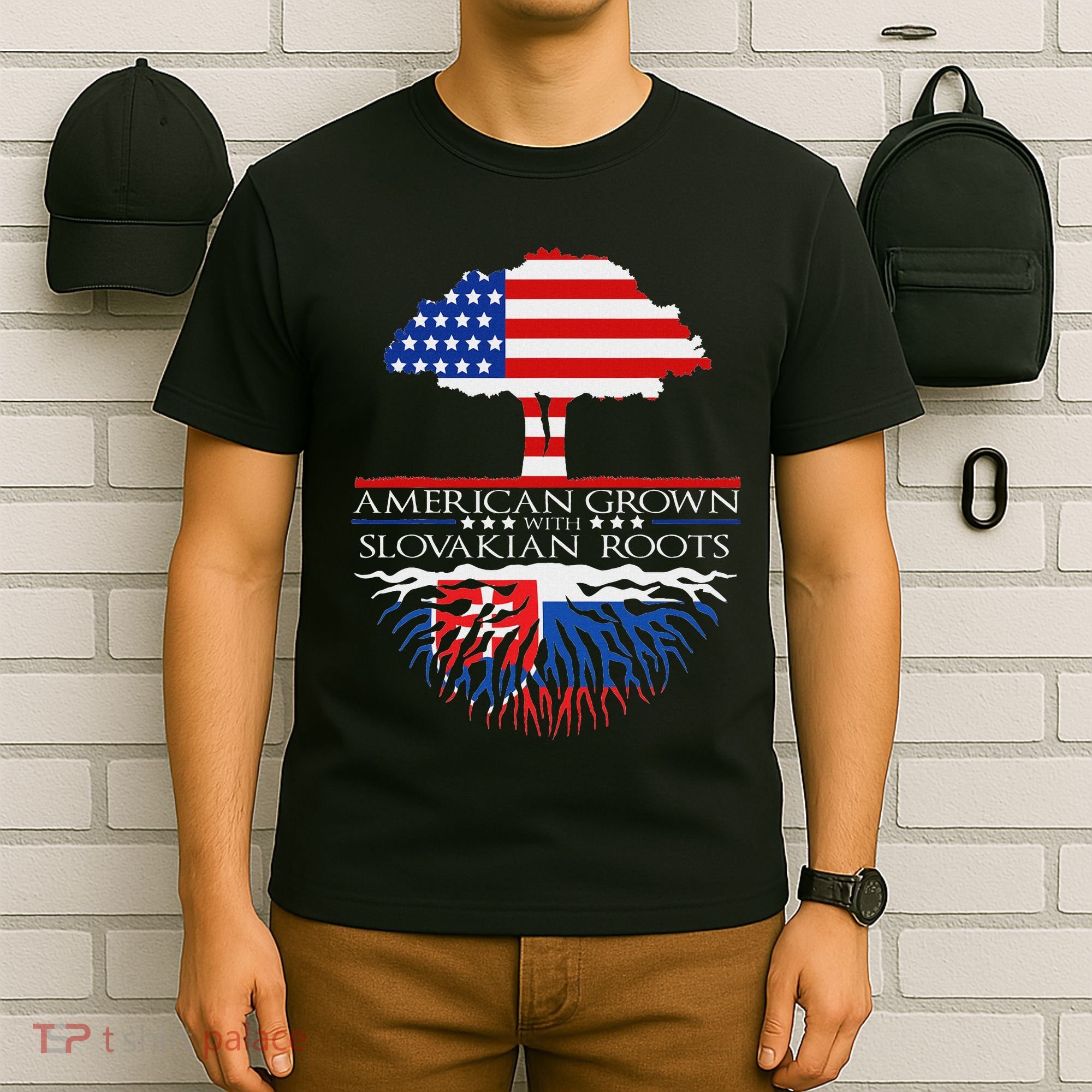 Slovakian Roots American Grown Tree Flag Us Slovakia T-Shirt