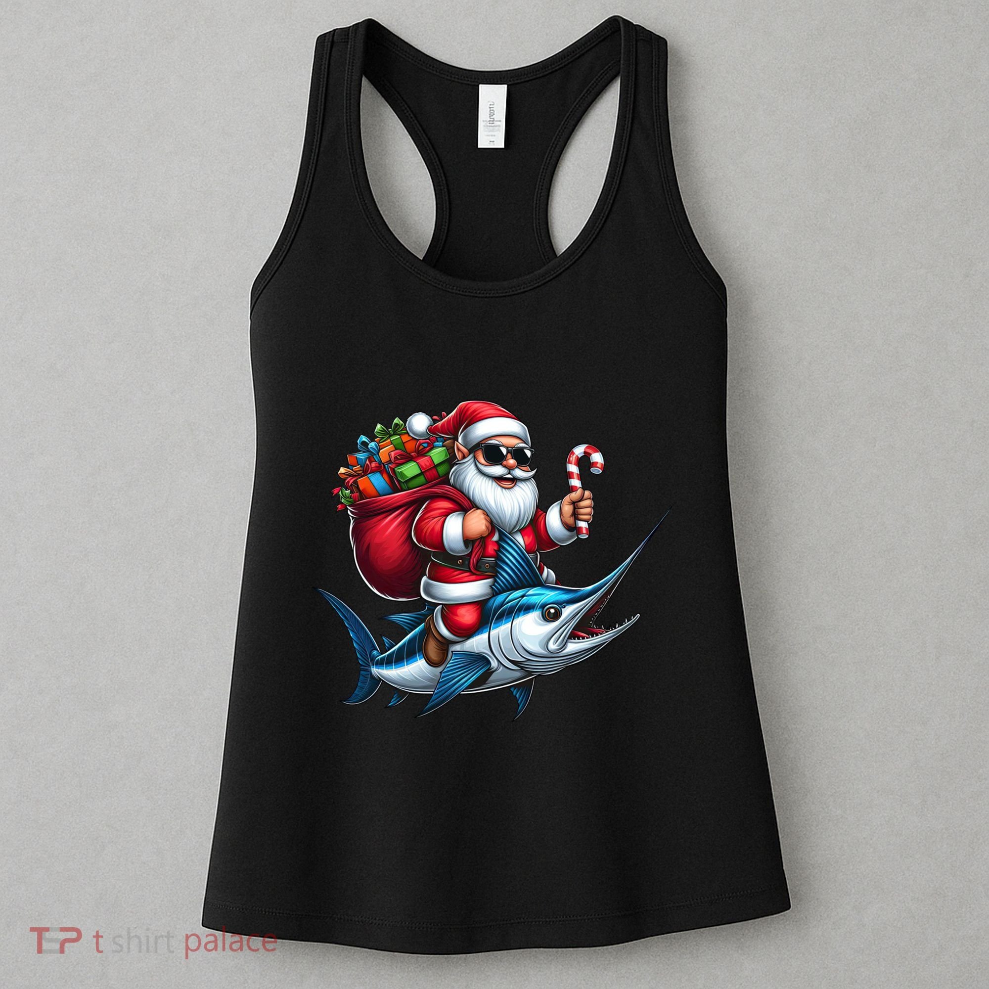 Santa Riding A Majestic Ocean Marlin Fish Christmas Funny Giflt Women's Tank Top