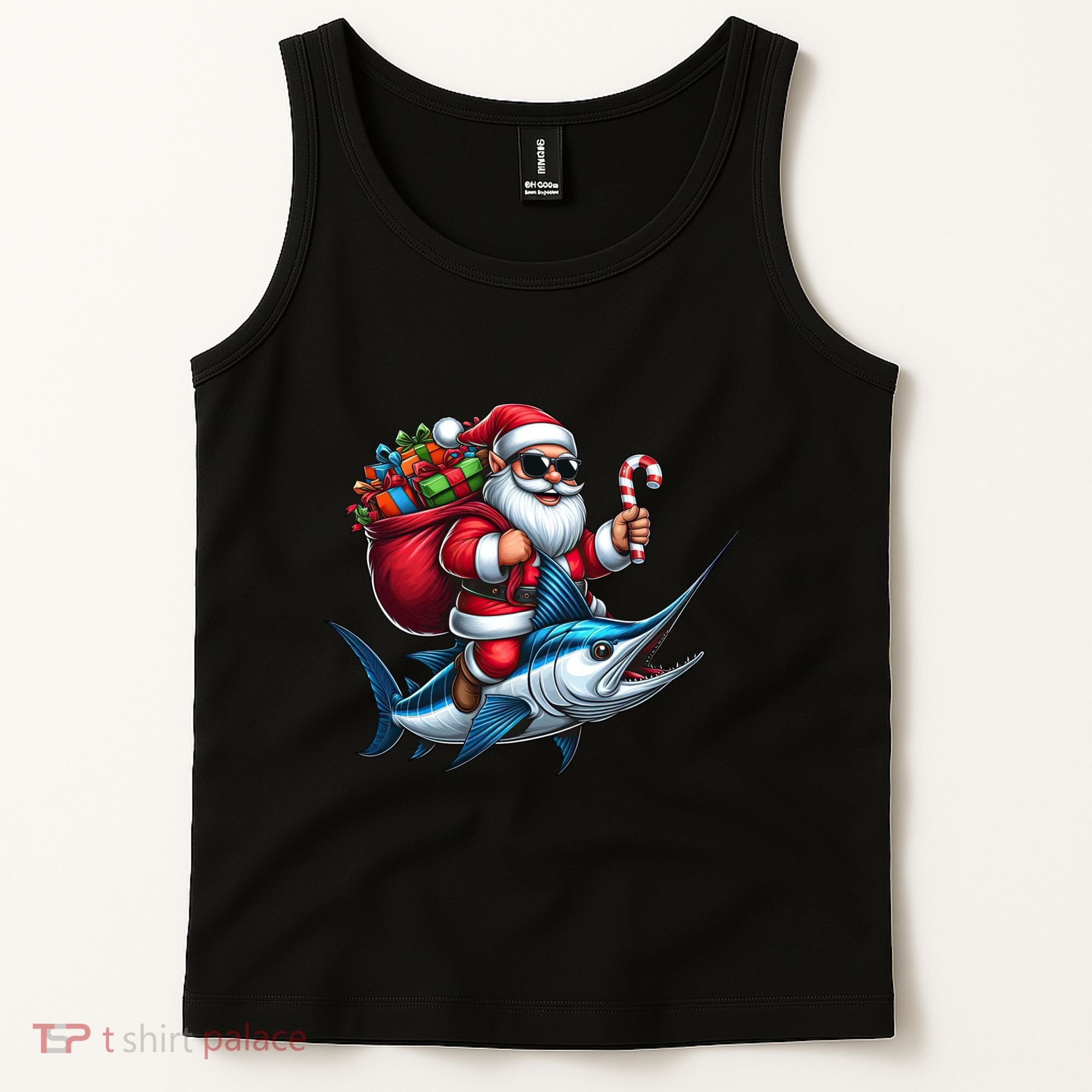 Santa Riding A Majestic Ocean Marlin Fish Christmas Funny Giflt Tank Top
