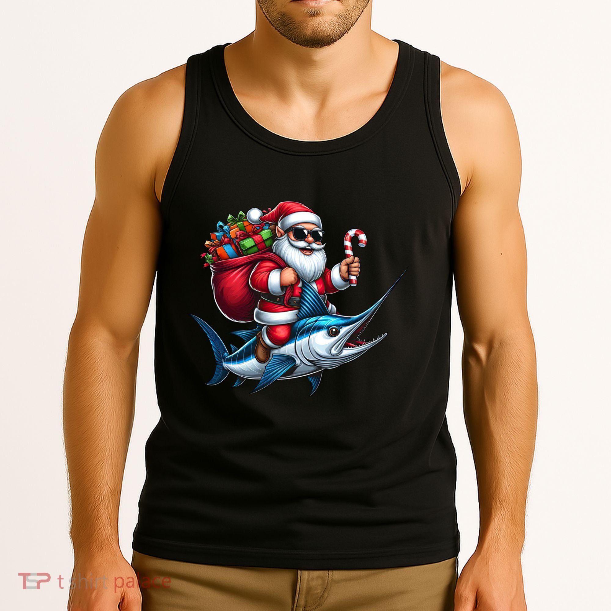 Santa Riding A Majestic Ocean Marlin Fish Christmas Funny Giflt Tank Top