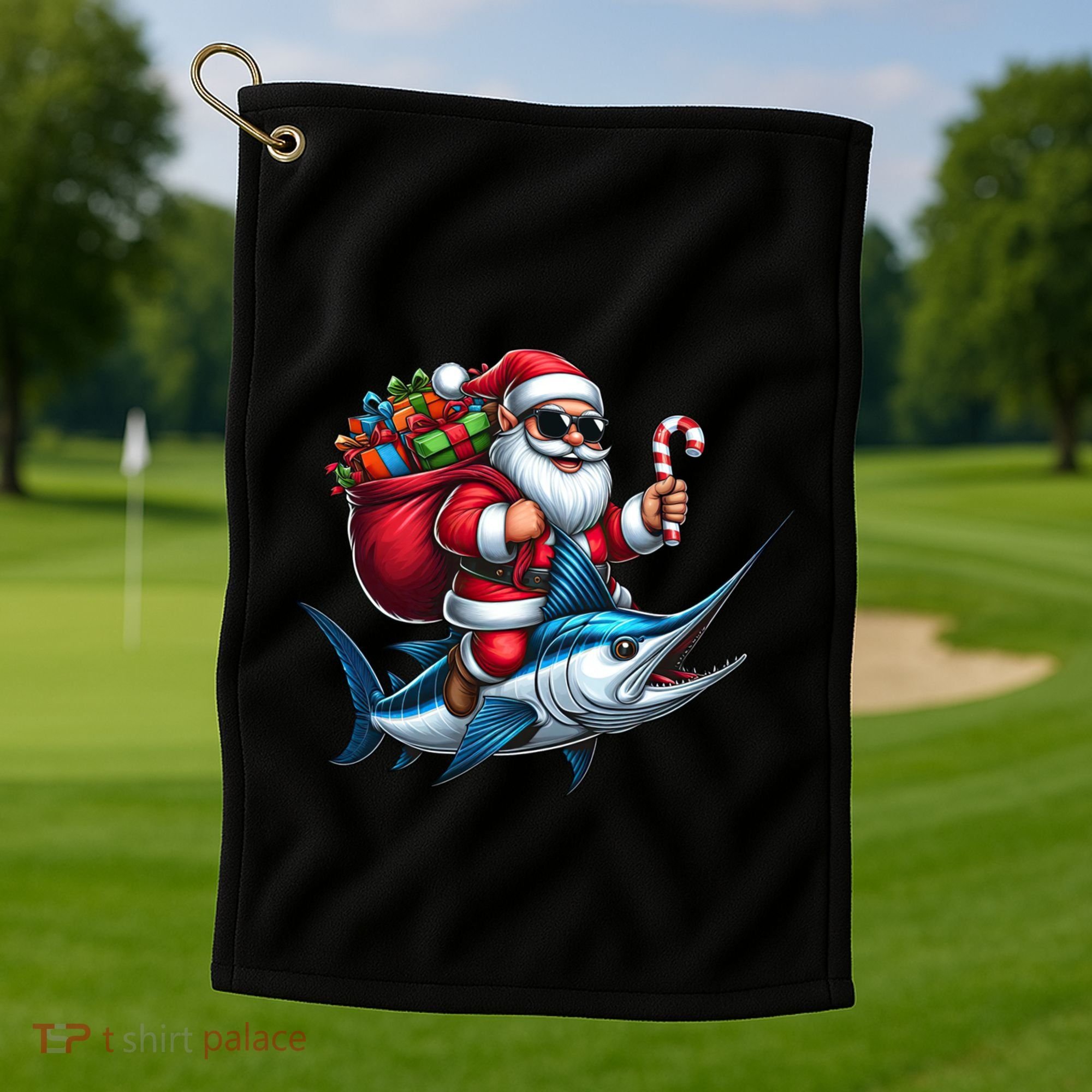 Santa Riding A Majestic Ocean Marlin Fish Christmas Funny Giflt Golf Towel