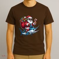 Santa Riding A Majestic Ocean Marlin Fish Christmas Funny Giflt T-Shirt thumb 3