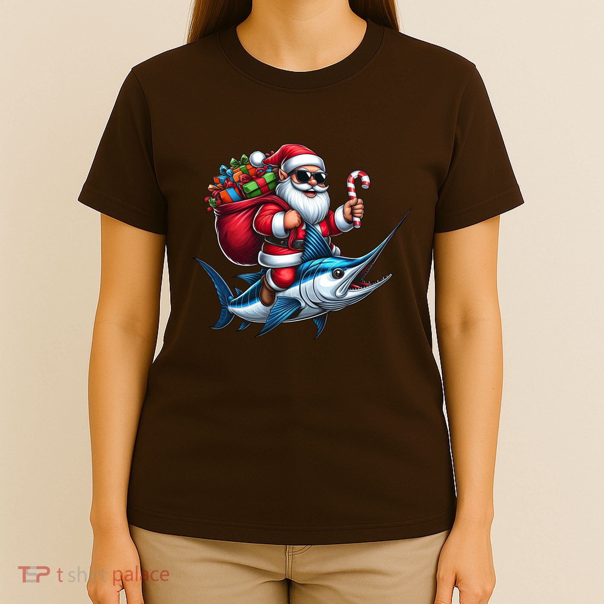 Santa Riding A Majestic Ocean Marlin Fish Christmas Funny Giflt T-Shirt