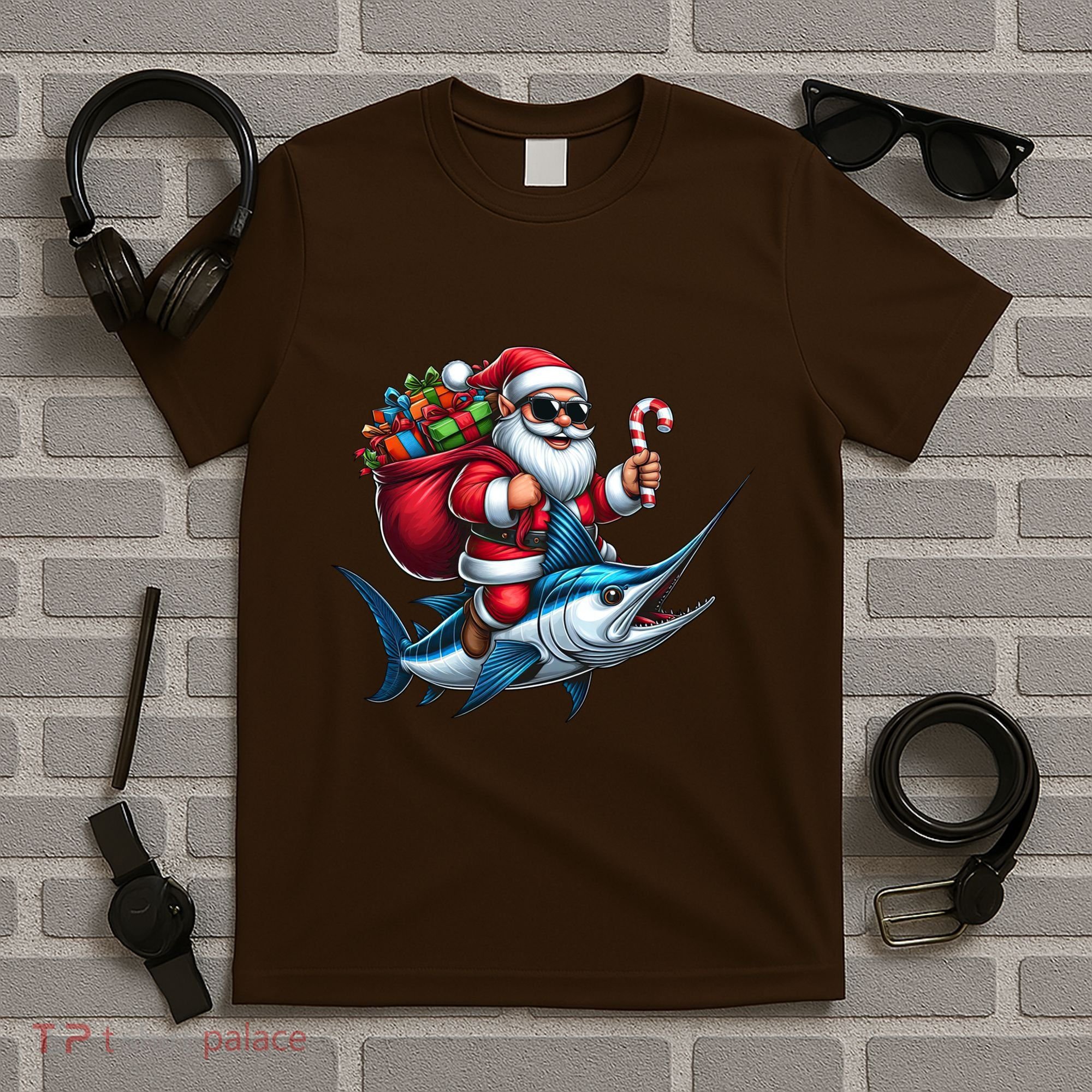 Santa Riding A Majestic Ocean Marlin Fish Christmas Funny Giflt T-Shirt