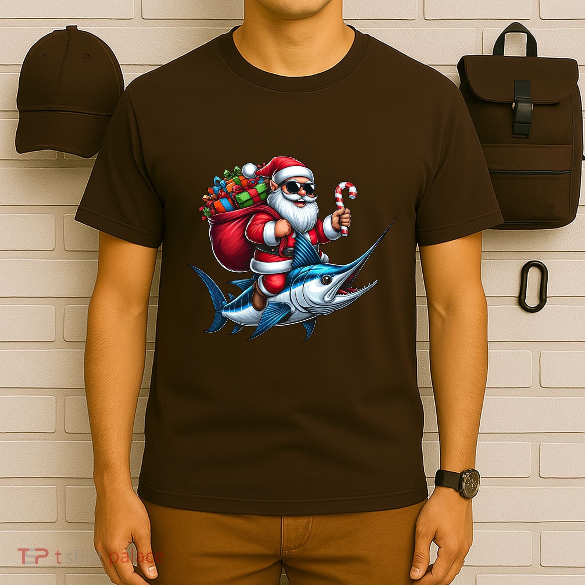 Santa Riding A Majestic Ocean Marlin Fish Christmas Funny Giflt T-Shirt