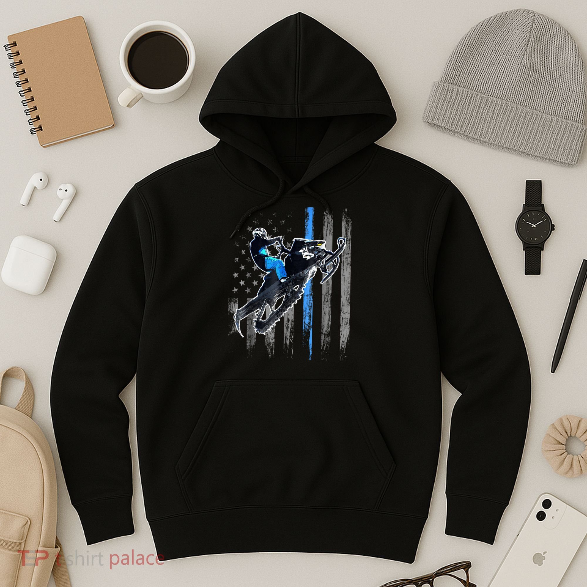 Snowmobile Riding American Flag Hoodie