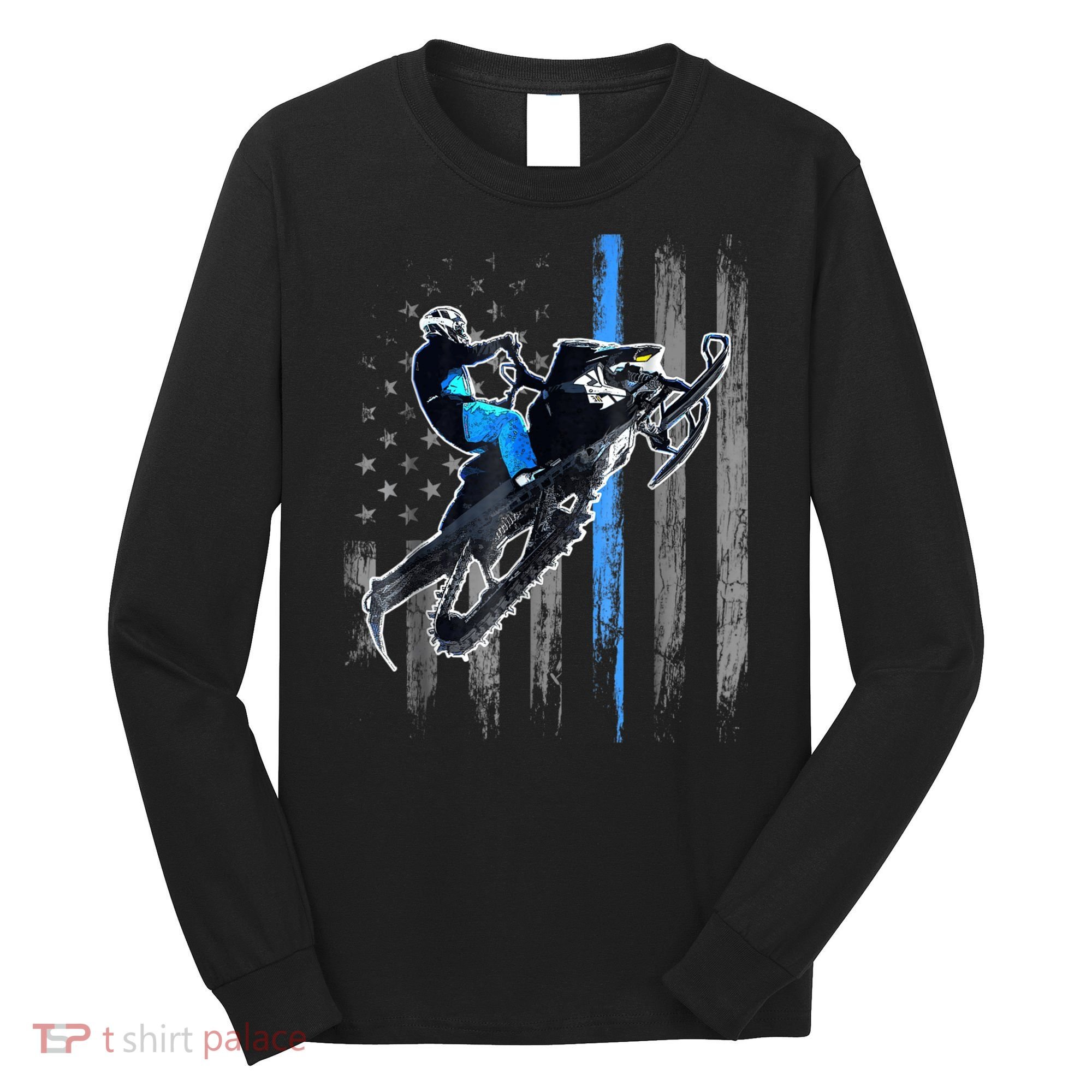 Snowmobile Riding American Flag Long Sleeve Shirt