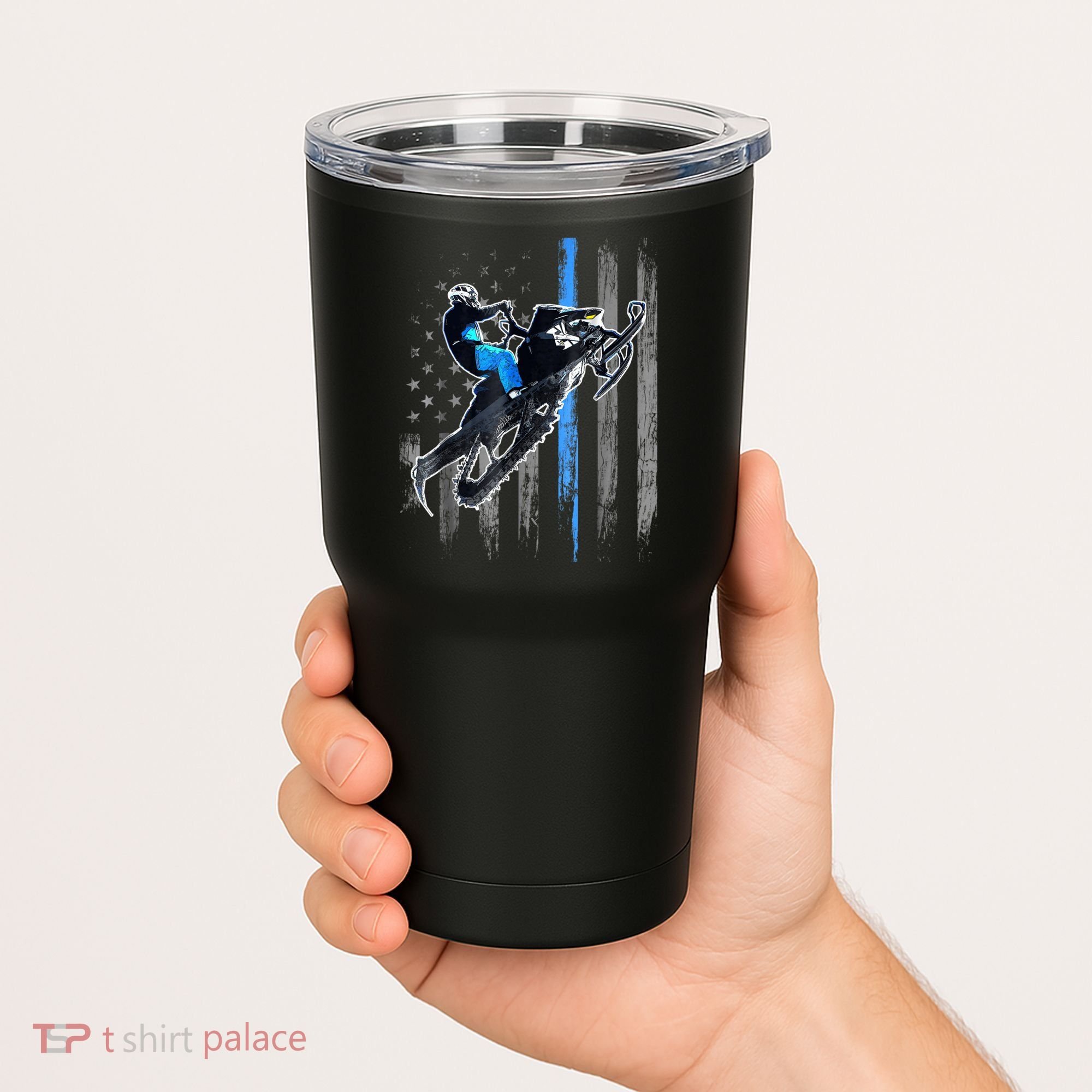 Snowmobile Riding American Flag Tumbler
