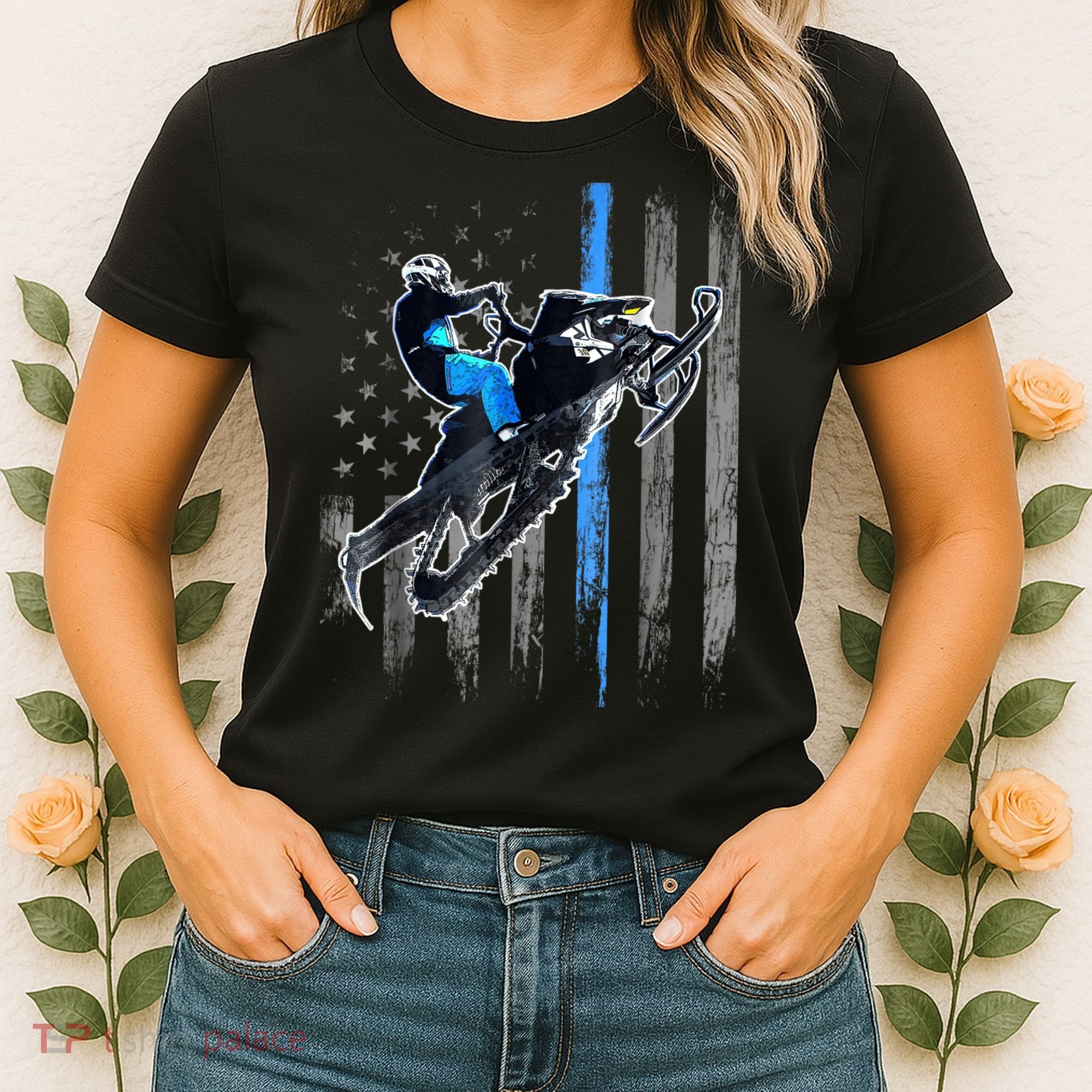 Snowmobile Riding American Flag Women's T-Shirt