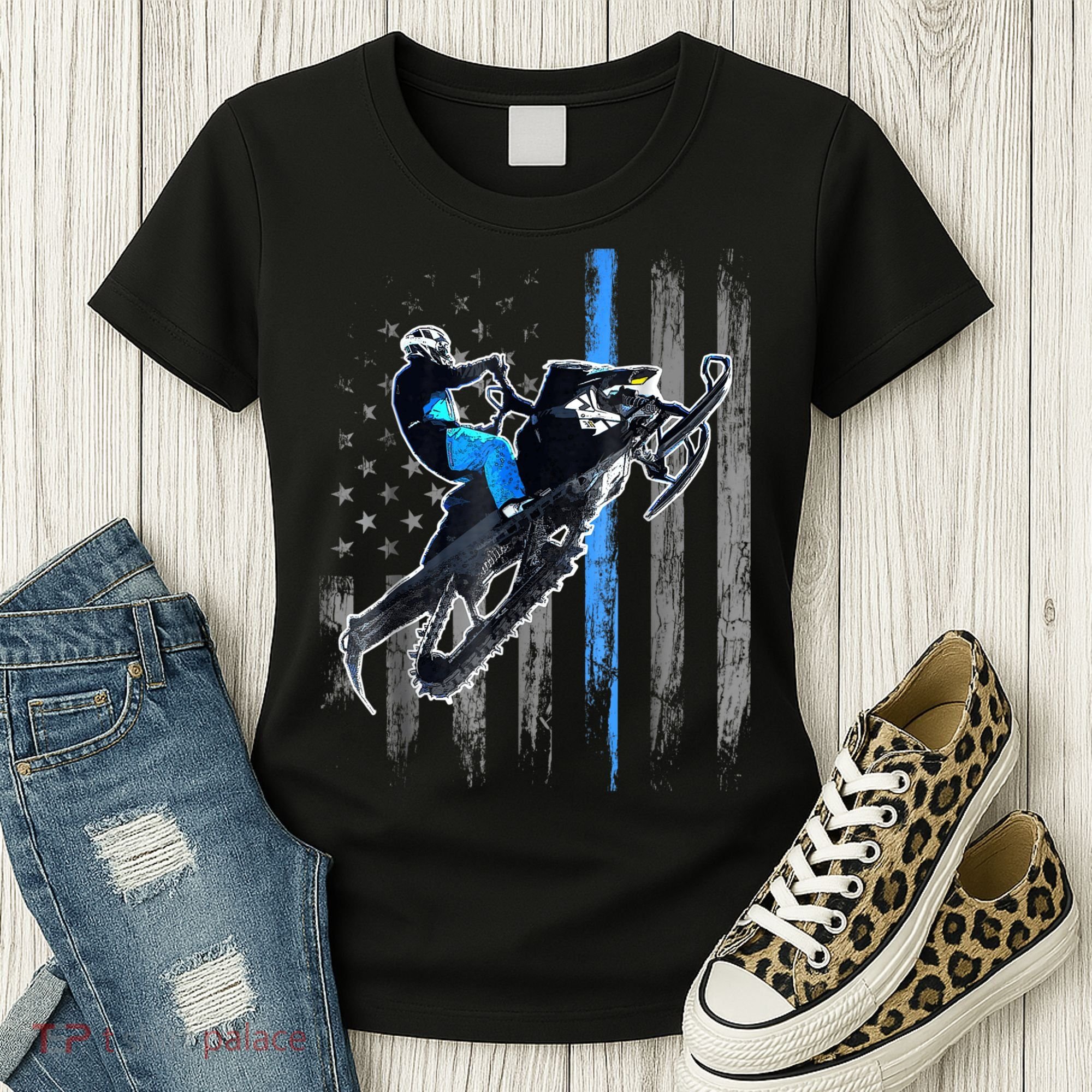 Snowmobile Riding American Flag Women's T-Shirt
