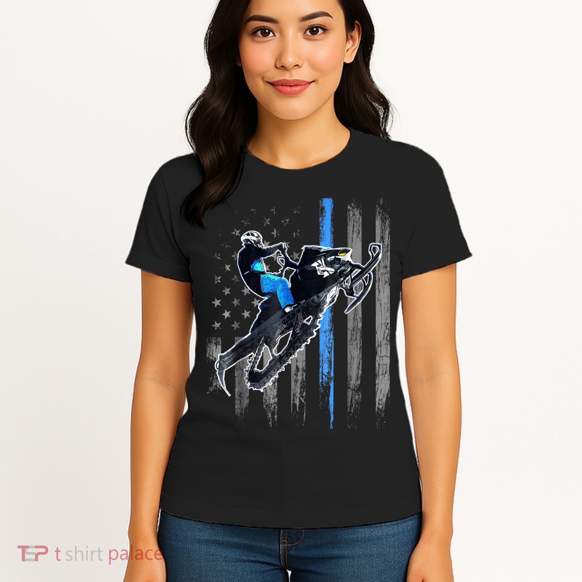 Snowmobile Riding American Flag Women's T-Shirt