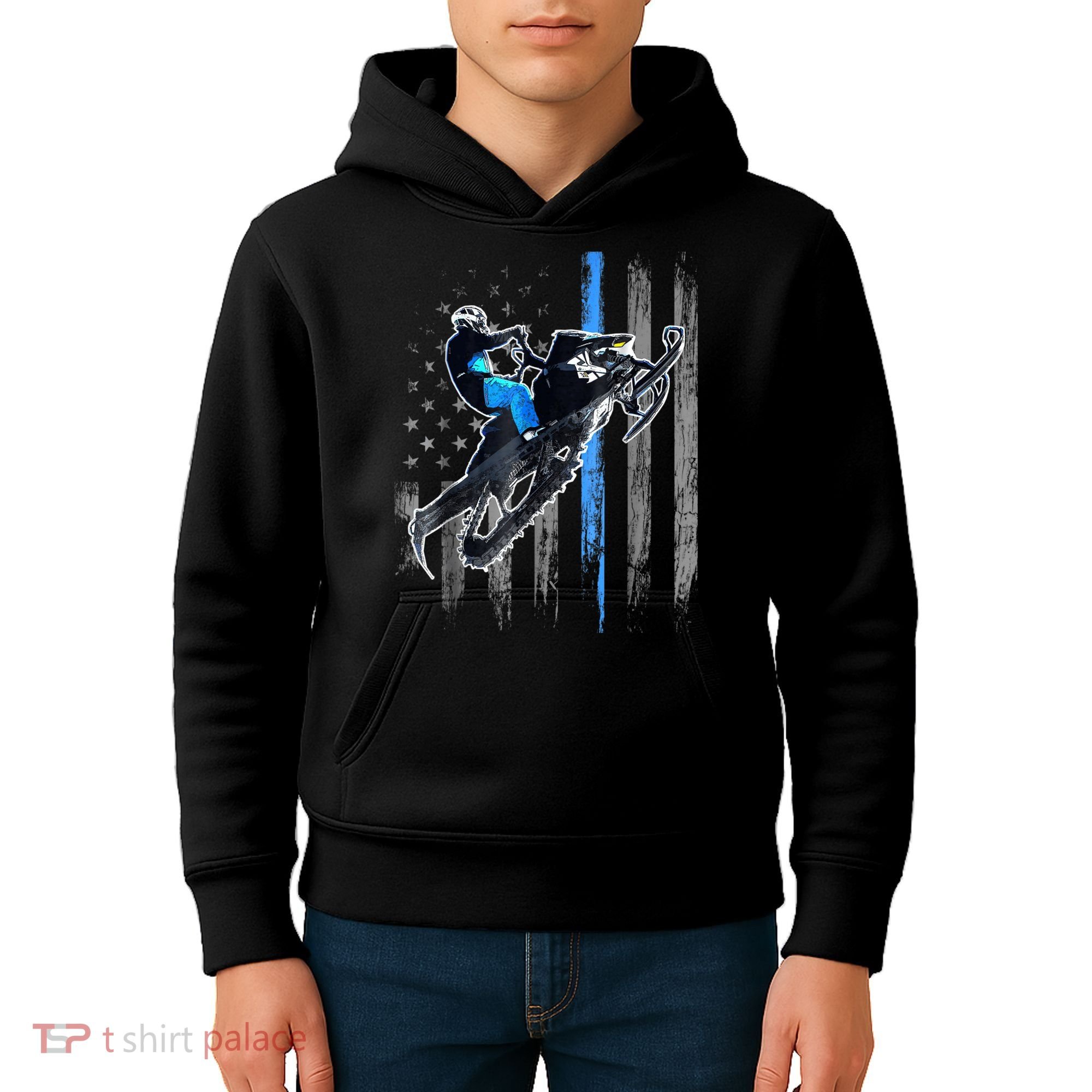 Snowmobile Riding American Flag Kids Hoodie
