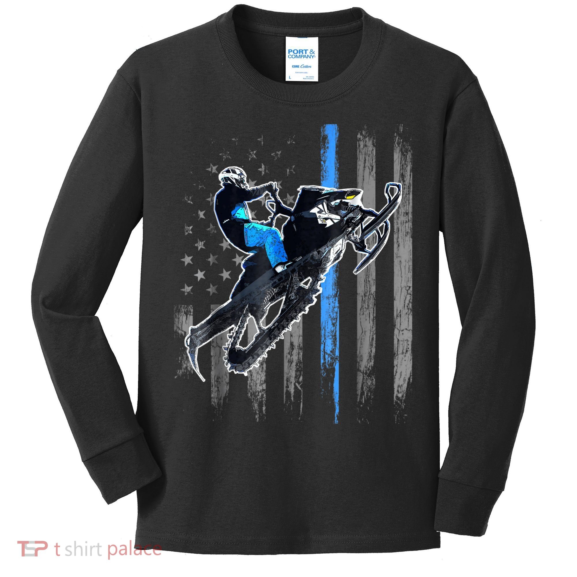 Snowmobile Riding American Flag Kids Long Sleeve Shirt