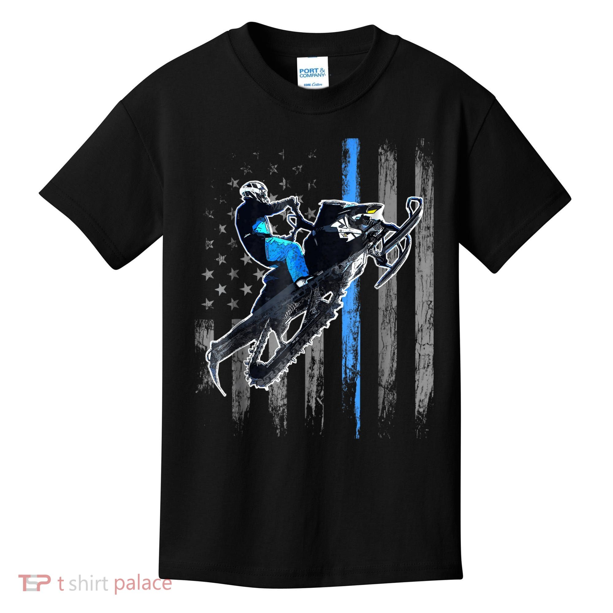 Snowmobile Riding American Flag Kids T-Shirt