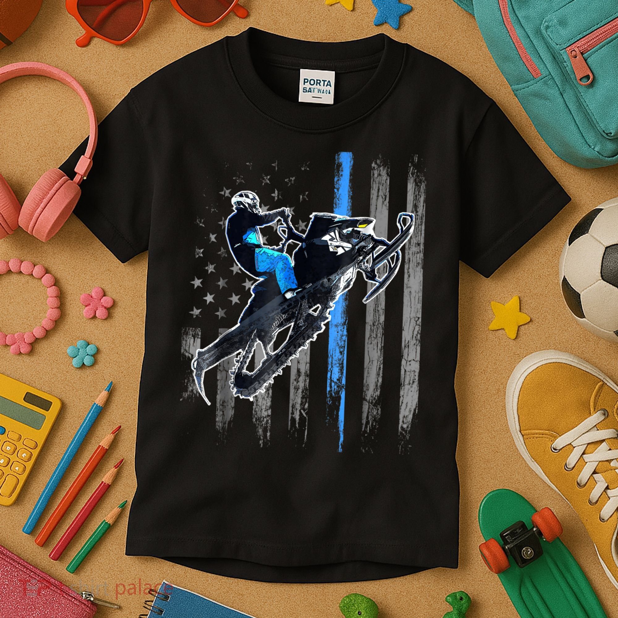 Snowmobile Riding American Flag Kids T-Shirt