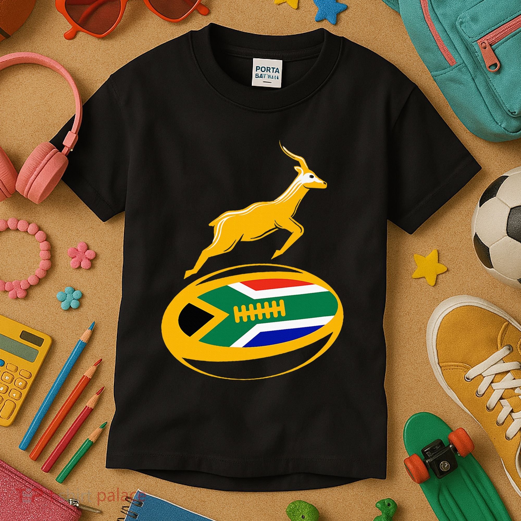 Springbok Rugby Ball & South African Flag Kids T-Shirt