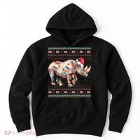 Santa Rhino Christmas Lights Ugly Sweater Racoon Lover Xmas Hoodie thumb 0