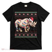 Santa Rhino Christmas Lights Ugly Sweater Racoon Lover Xmas T-Shirt thumb 0