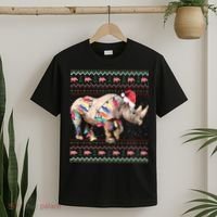 Santa Rhino Christmas Lights Ugly Sweater Racoon Lover Xmas T-Shirt thumb 2