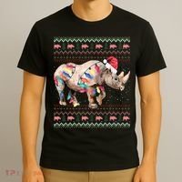 Santa Rhino Christmas Lights Ugly Sweater Racoon Lover Xmas T-Shirt thumb 3