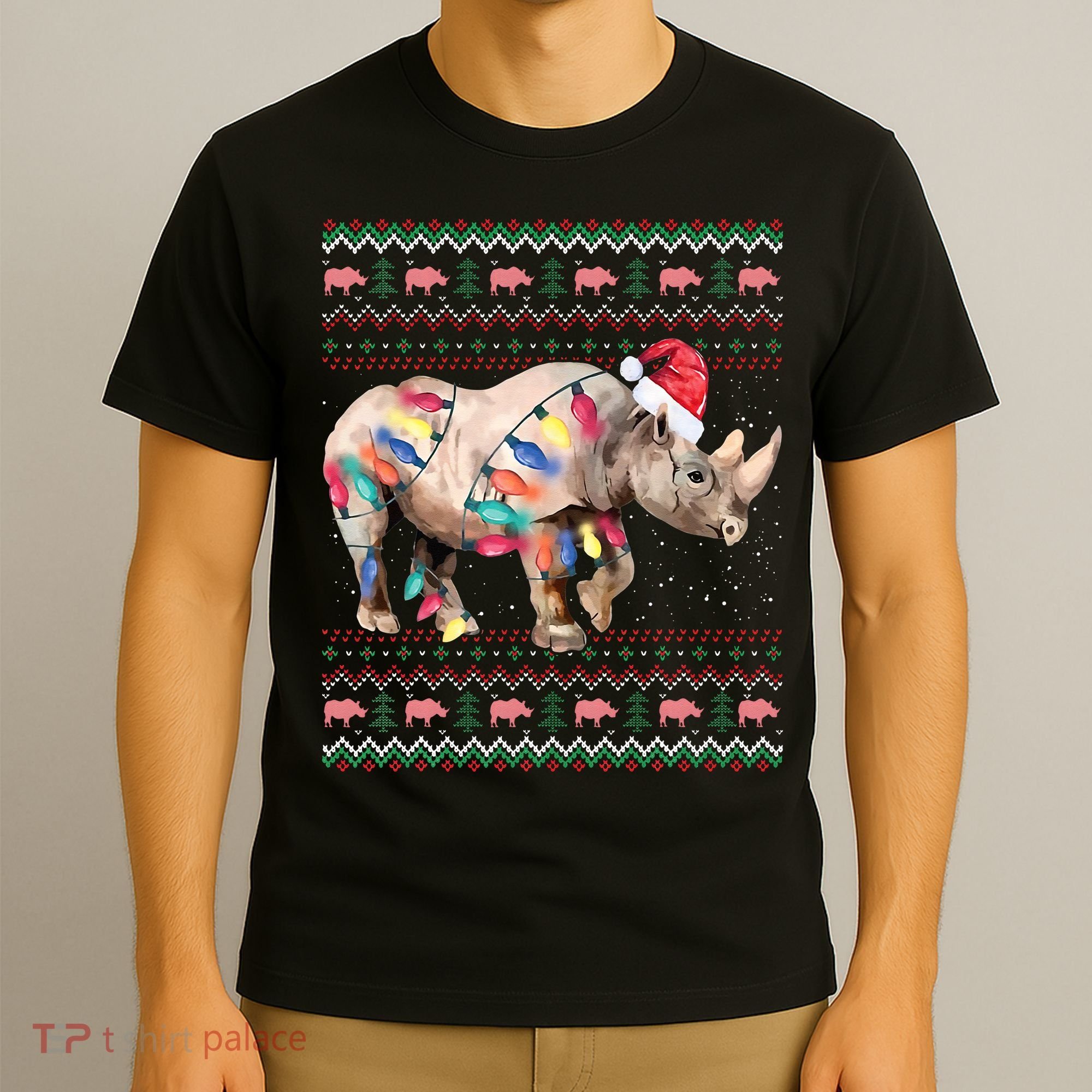 Santa Rhino Christmas Lights Ugly Sweater Racoon Lover Xmas T-Shirt