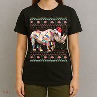 Santa Rhino Christmas Lights Ugly Sweater Racoon Lover Xmas T-Shirt thumb 4