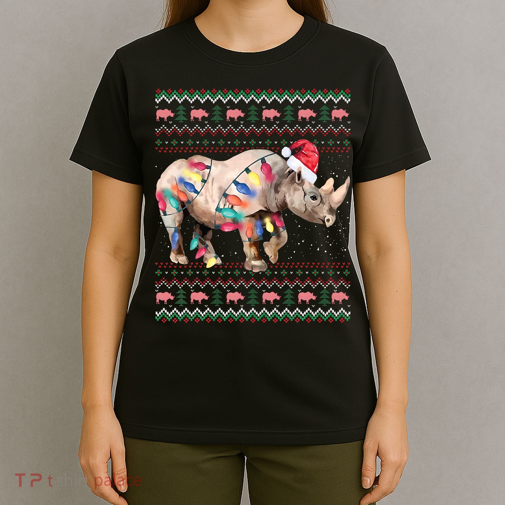 Santa Rhino Christmas Lights Ugly Sweater Racoon Lover Xmas T-Shirt