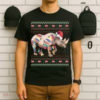 Santa Rhino Christmas Lights Ugly Sweater Racoon Lover Xmas T-Shirt thumb 6