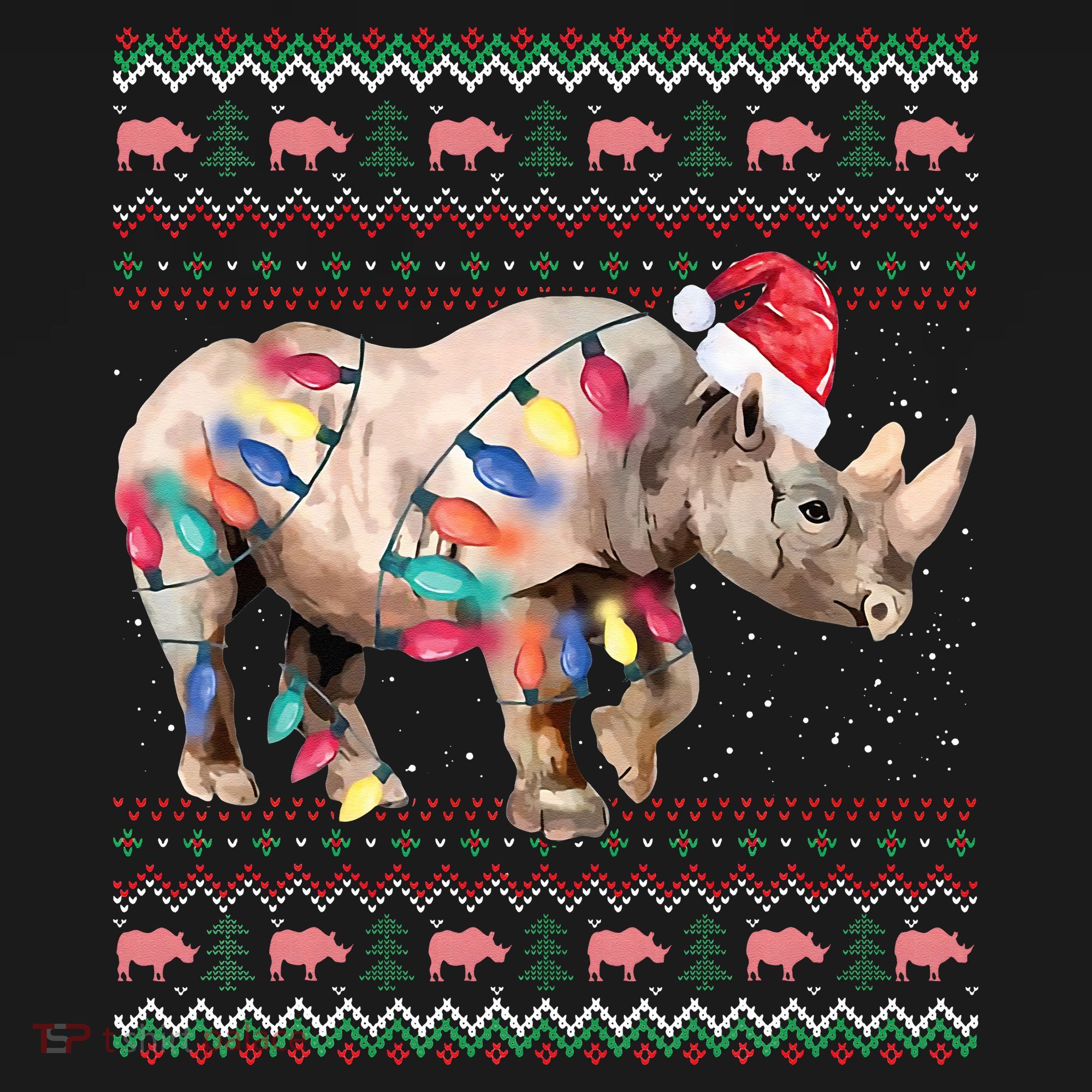 Santa Rhino Christmas Lights Ugly Sweater Racoon Lover Xmas Women's Hoodie